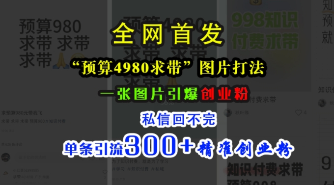 小红书“预算4980带我飞”图片打法，一张图片引爆创业粉，私信回不完，单条引流300+精准创业粉-第一资源库