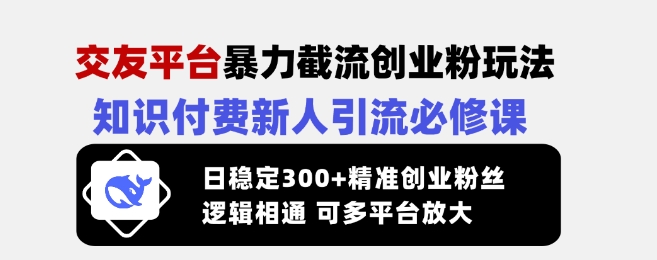 交友平台暴力截流创业粉玩法，知识付费新人引流必修课，日稳定300+精准创业粉丝，逻辑相通可多平台放大-第一资源库