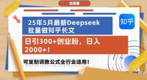 25年5月最新Deepseek批量做知乎长文，日引300+创业粉，日入1k+，可复制调教公式全行业适用-第一资源库