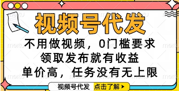 视频号代发，不用做视频，0门槛要求，领取发布就有收益，单价高，任务没有无上限【揭秘】-第一资源库