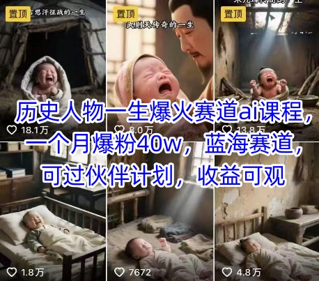 历史人物一生爆火赛道ai课程，一个月爆粉40w，蓝海赛道，可过伙伴计划，收益可观-第一资源库
