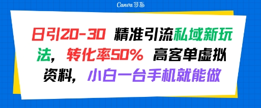 日引 20-30 精准引流私域新玩法，转化率50% 高客单虚拟资料，小白一台手机就能做-第一资源库