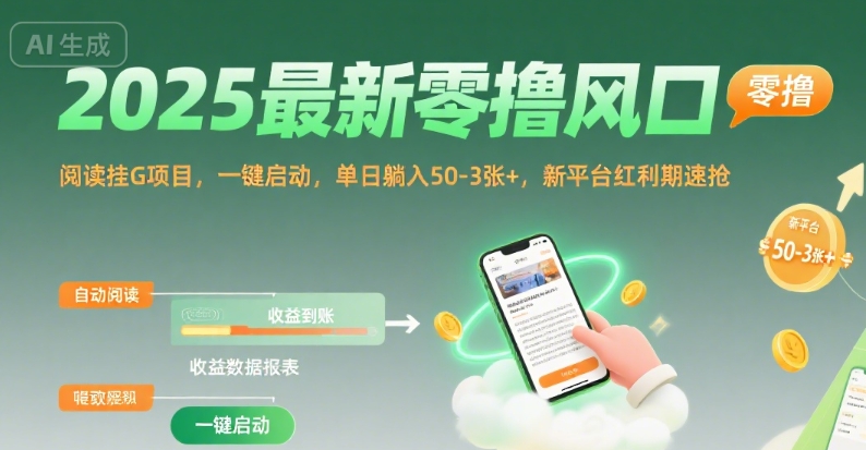 2025最新零撸风口，阅读挂G项目，一键启动，单日躺入 50-3张+，新平台红利期速抢【揭秘】-第一资源库