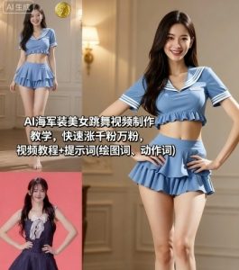 AI海军装美女跳舞视频制作教学，快速涨千粉万粉，视频教程+提示词(绘图词、动作词)-第一资源库
