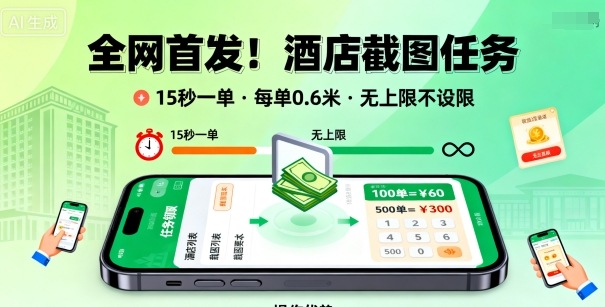 全网首发！酒店截图任务，15秒一单，每单0.6米，任务无上限不设限，矩阵操作单日3张到手【揭秘】-第一资源库