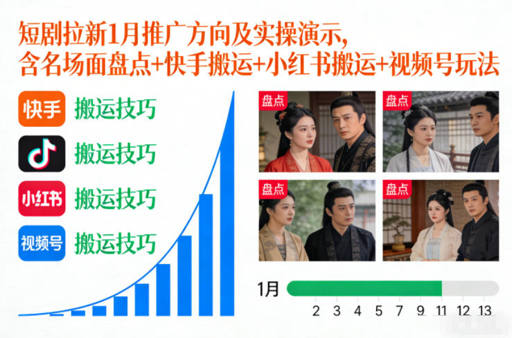 短剧拉新1月推广方向及实操演示，含名场面盘点+快手搬运+小红书搬运+视频号玩法-第一资源库
