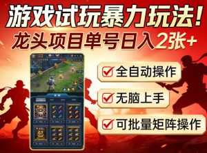 游戏试玩暴力玩法！龙头项目单号日入200+，全自动操作无脑上手，可批量矩阵操作【揭秘】-第一资源库